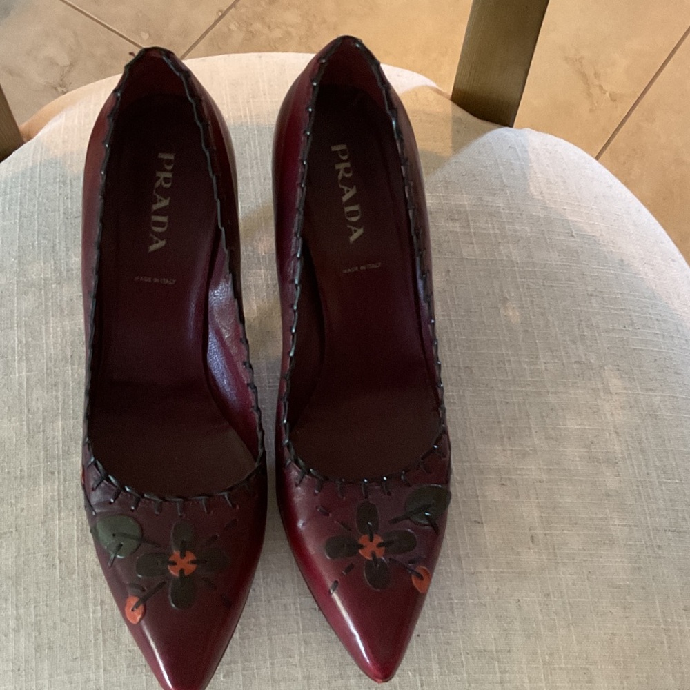 Prada Women's Burgundy Floral Leather Heels
